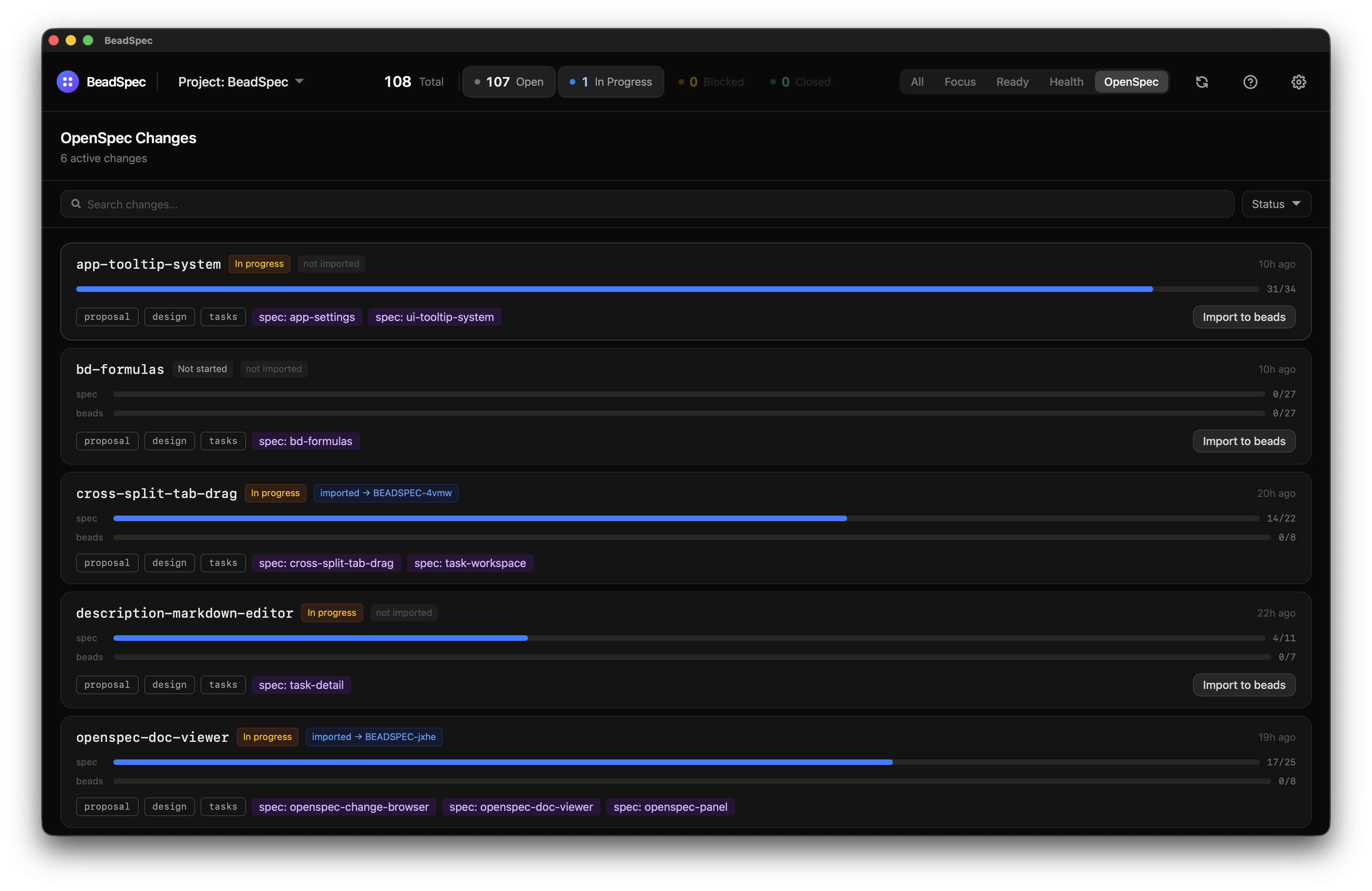 OpenSpec Browser with change list and task checklist