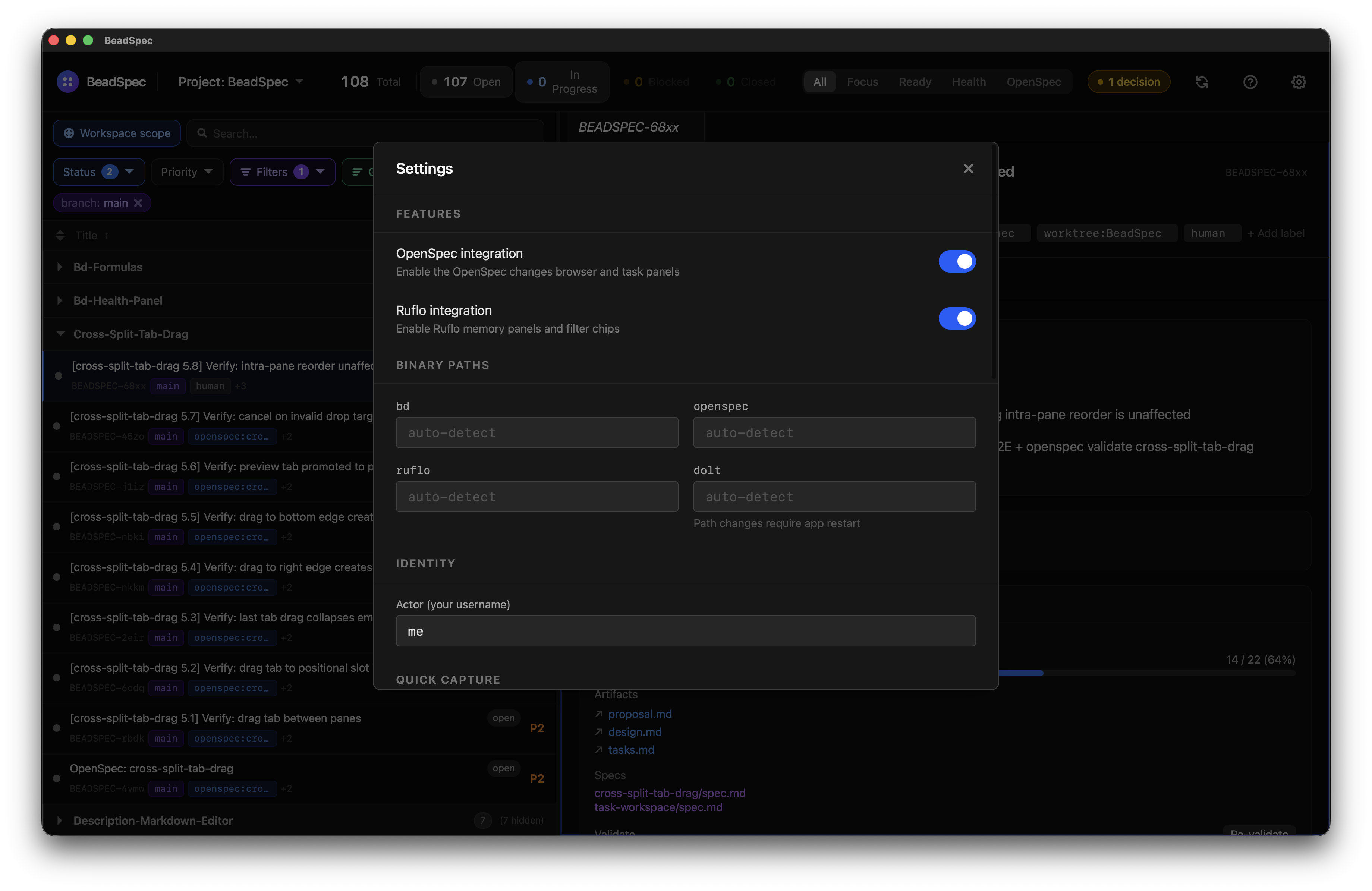 Settings dialog showing Features toggles and Binary Paths