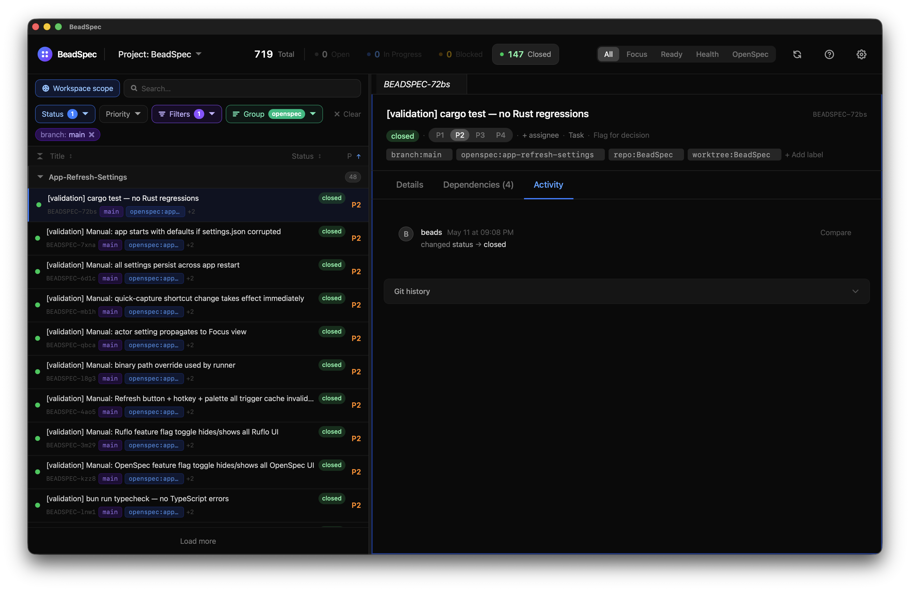 Activity tab showing status-change events and Dolt revision rows