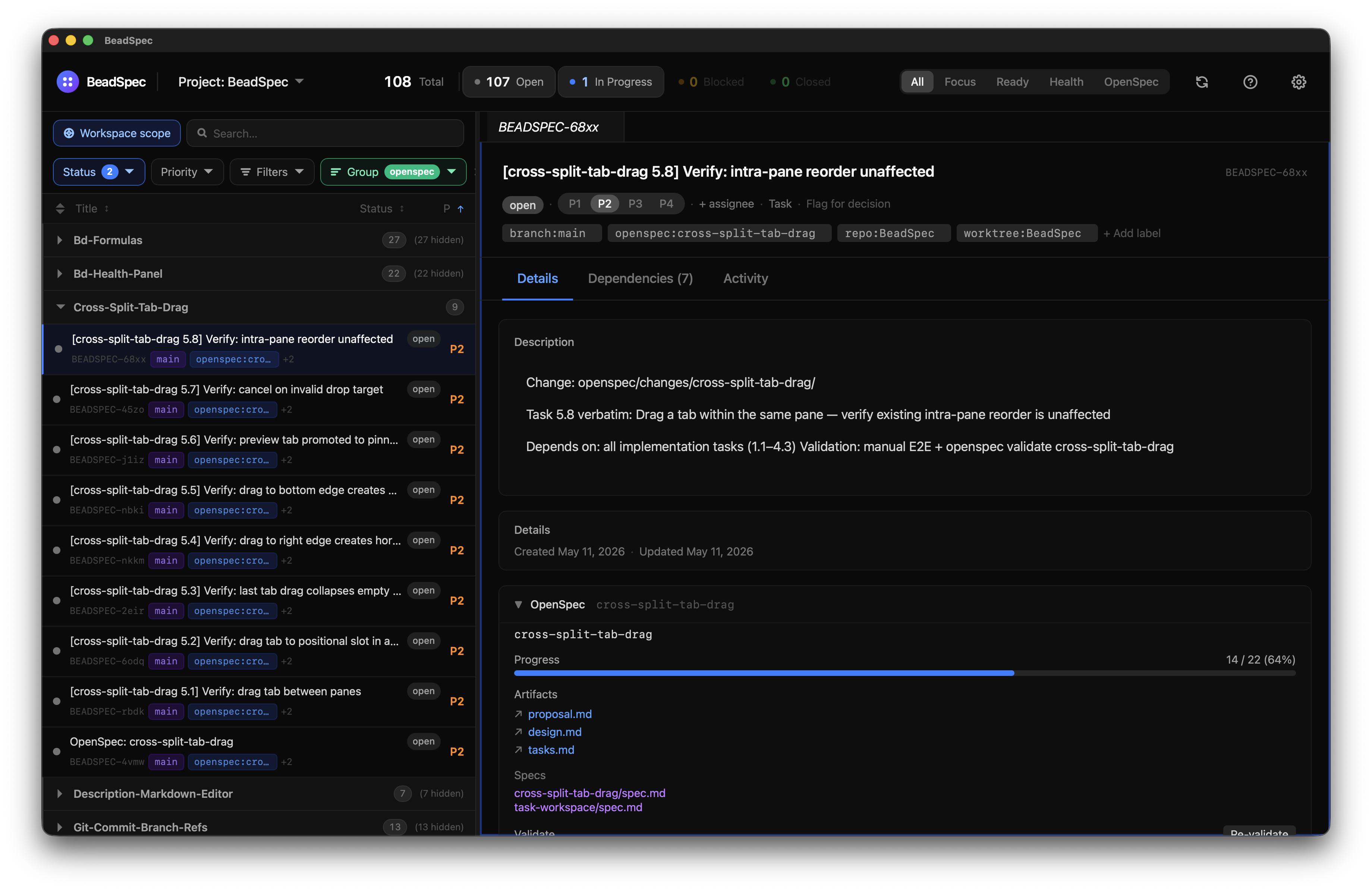 Task detail panel showing fields and description editor