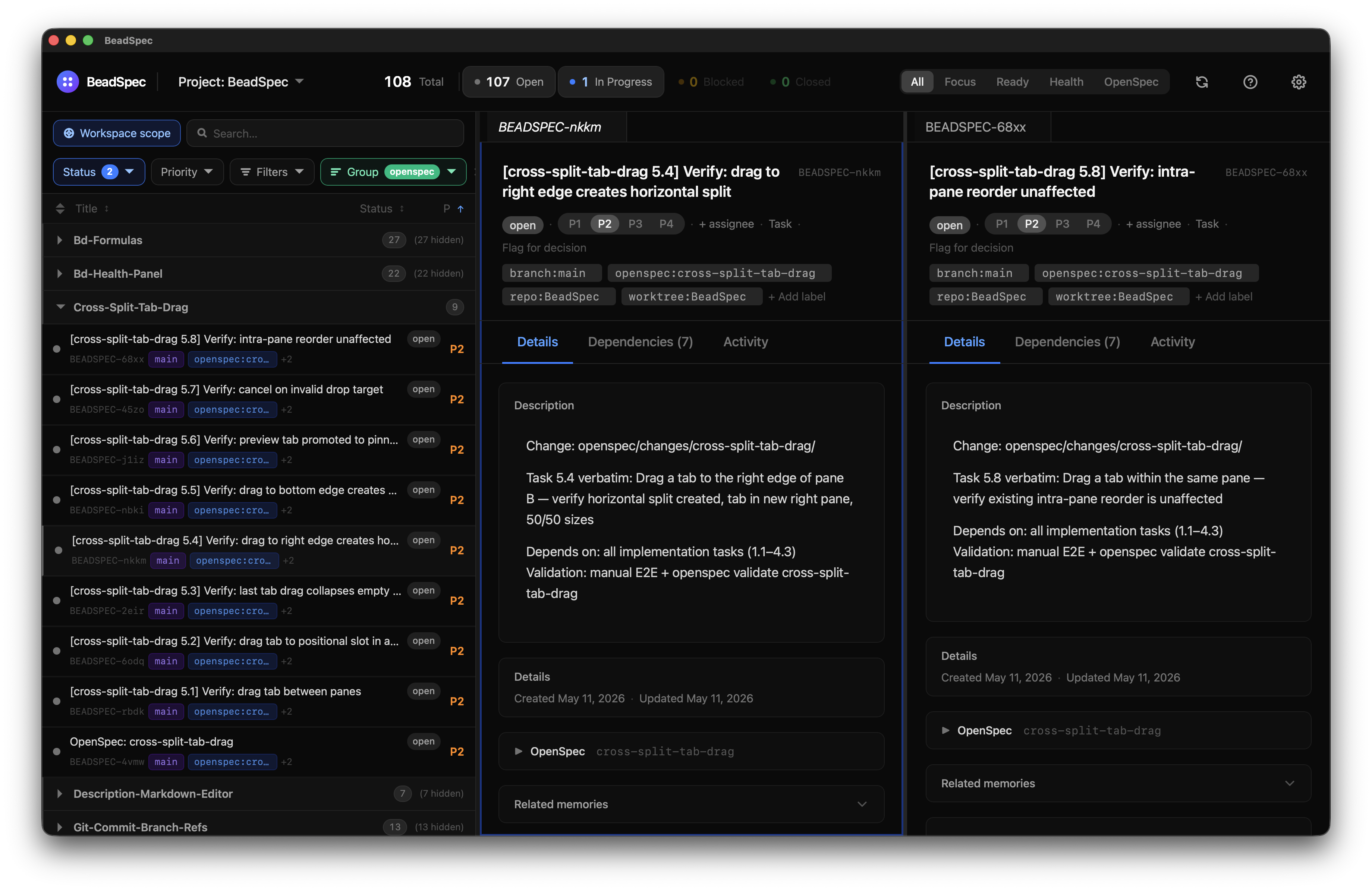 Two-pane split with pinned and preview tabs visible